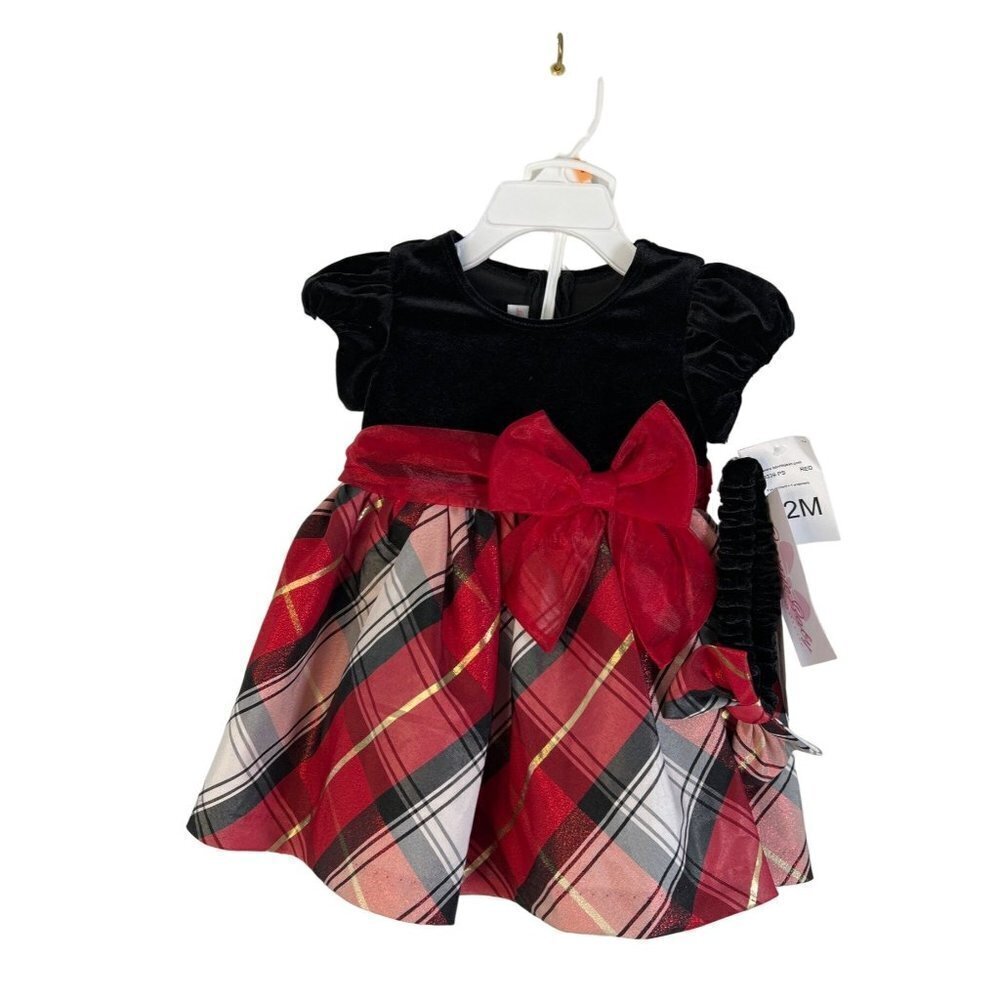NWT Bonnie Baby Fancy Plaid Velvet Formal Dress +Panty & Headband Girls Size 12M